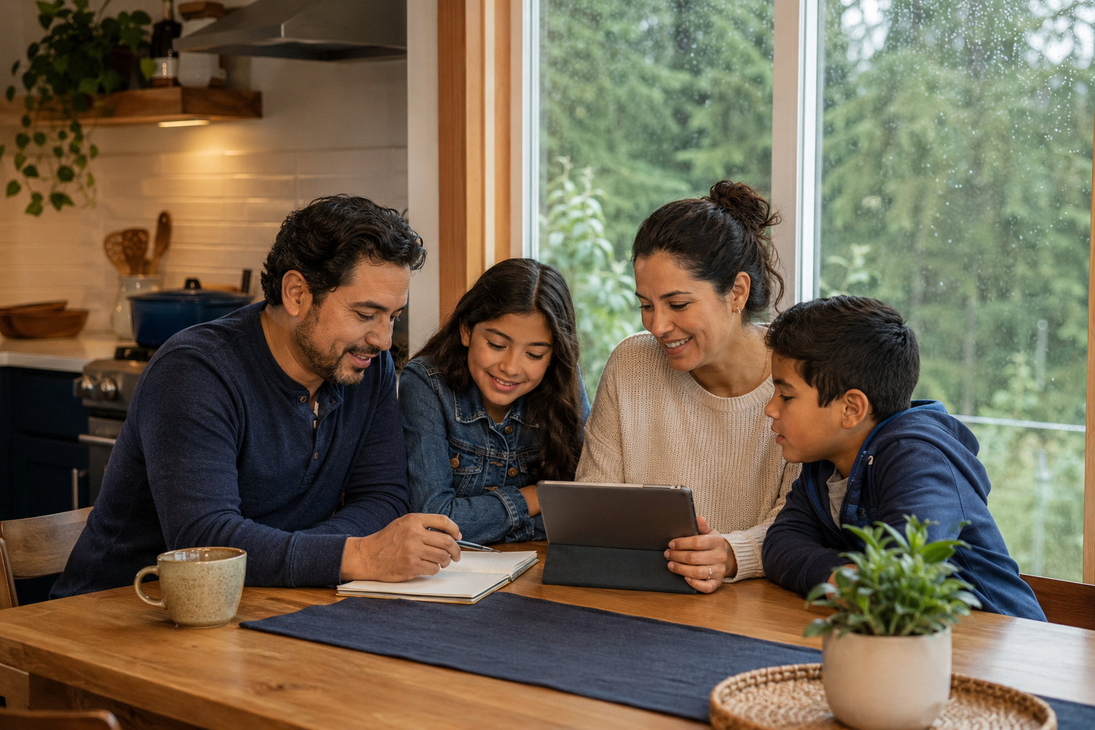 Familia latina conversando sobre sus metas y protección financiera